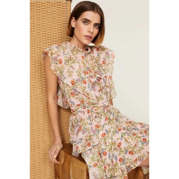Marissa Webb Collective Floral Ruffle Tie mini Pink Dress in Pink Size Large - Picture 1 of 16